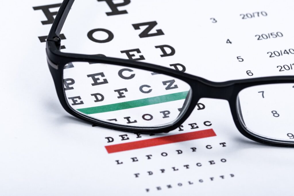 Eye glasses on a Vision Acuity Test Chart, Routine Eye Exams