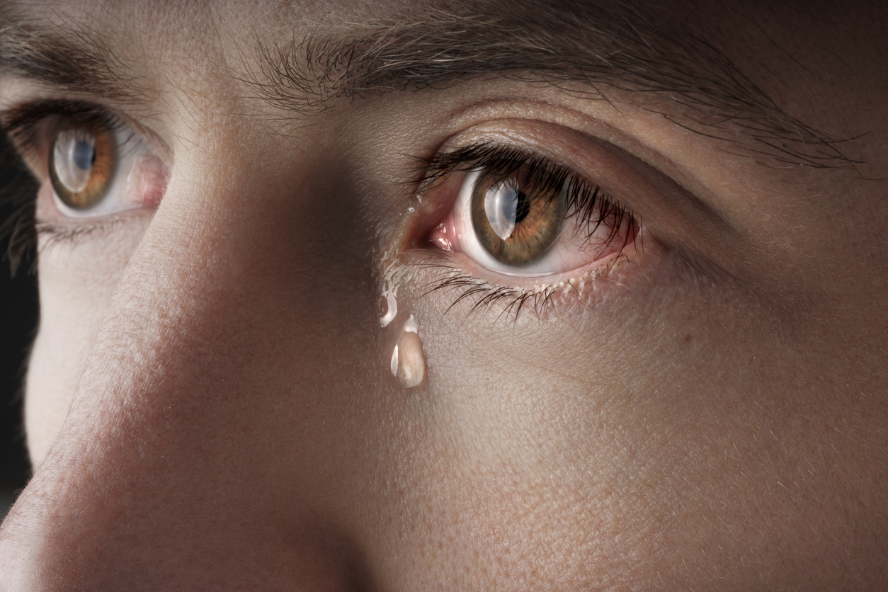 Nutrition for dry eyes, Closeup of young crying man eyes with a tears. High quality photo
