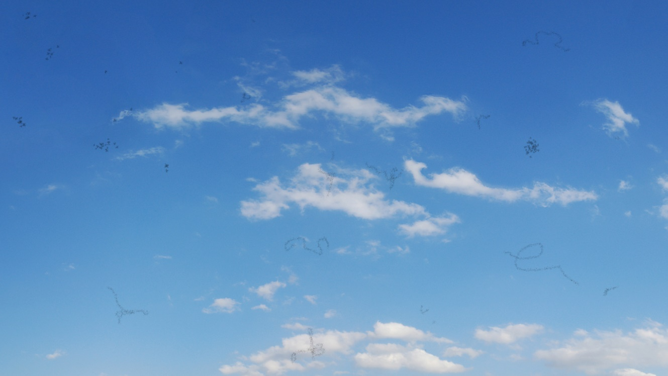 Eye floaters appearing as small, shadowy shapes and squiggly lines against a blue sky.